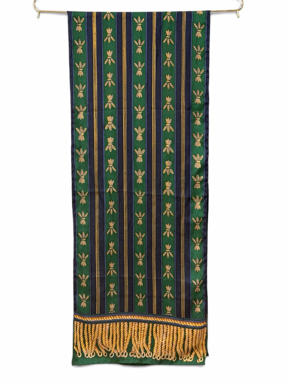 Vintage 100% Silk Scarf Green Navy Striped Gold Metallic Bee Fringe 10"x53"